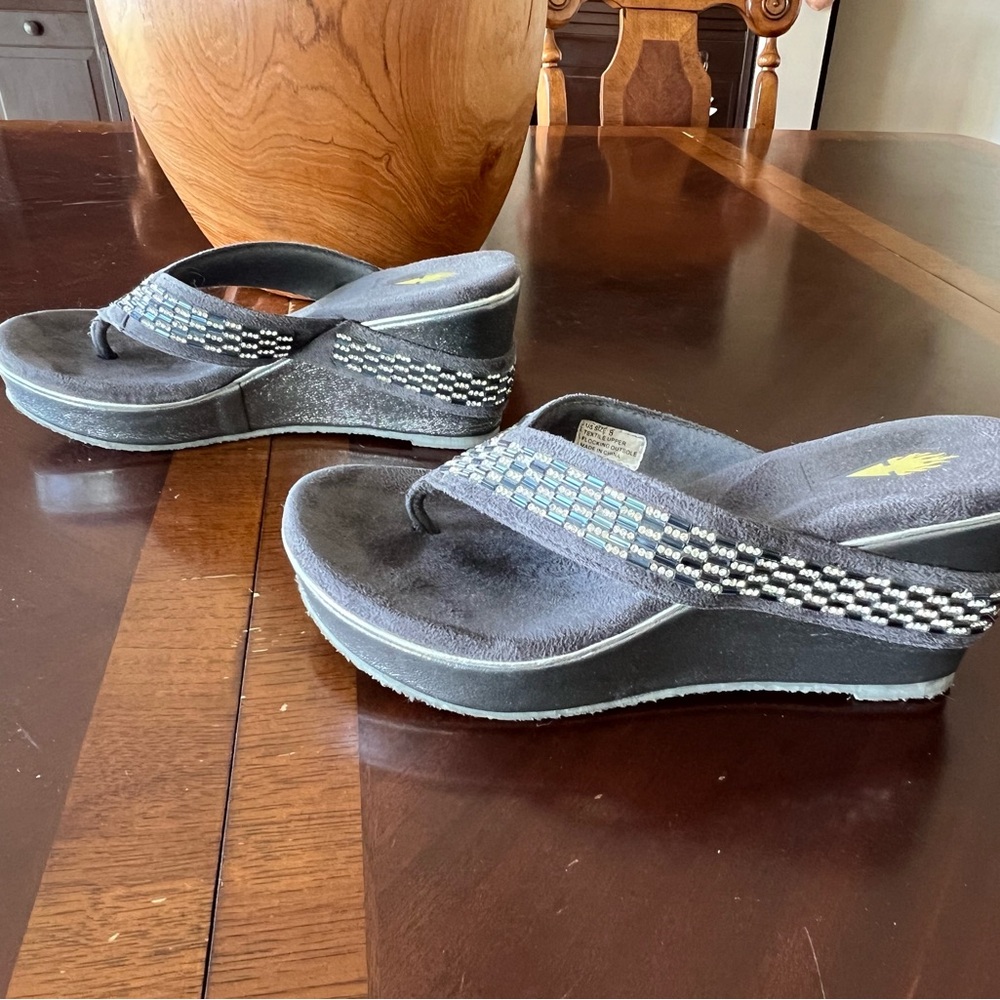 Volatile Metallic Gray Sandals with Beaded Straps, Suede footbed.